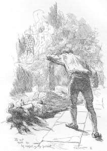 Engraving by T. H. Townsend, taken from the second edition of Jane Eyre (1847). Bertha Rochester smashed on the pavement.